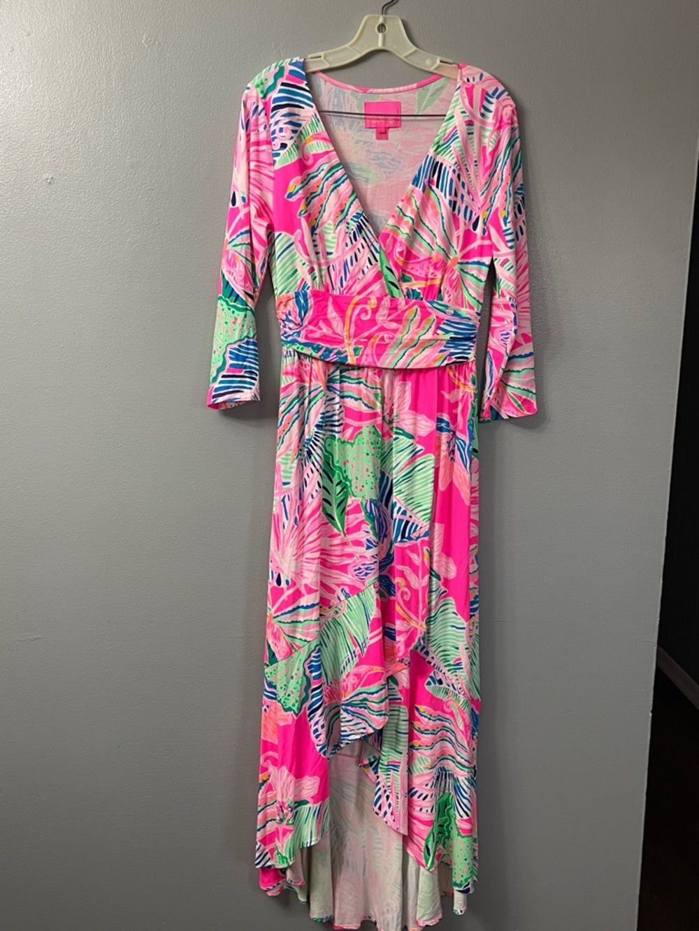 Lilly Pulitzer Montague Wrap Maxi Dress in the "Raz Berry Sunset Soiree" print. - Picture 2 of 9